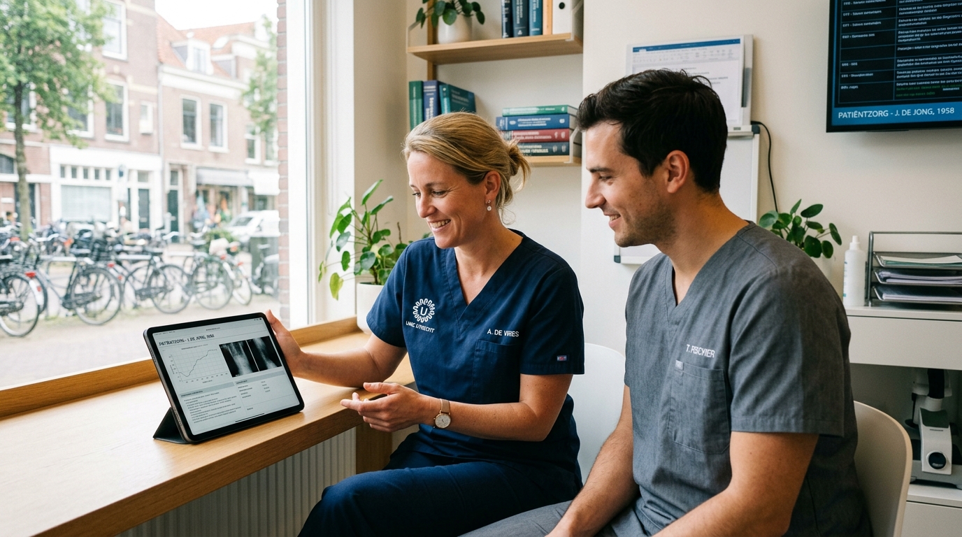 Two medical doctors in a Dutch clinic discussing a patient diagnostic chart collegially