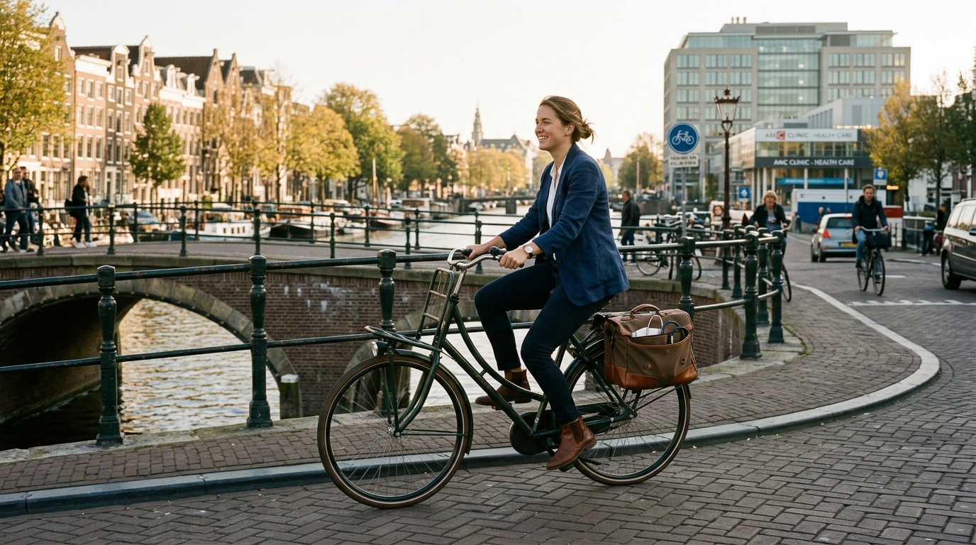 Doctor cycling home through Amsterdam canal bridge after a 17:00 shift